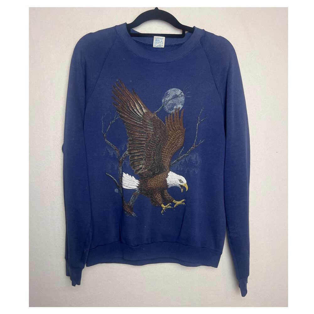 Jerzees Raglan Sweatshirt Men's Large Blue Bald Eagle USA Made America Vintage